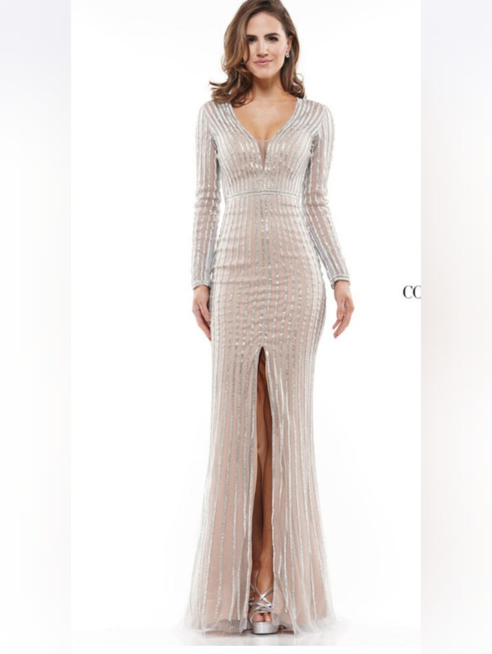 Long Sleeve Sequin Stripe Evening Gown in Nude and Silver